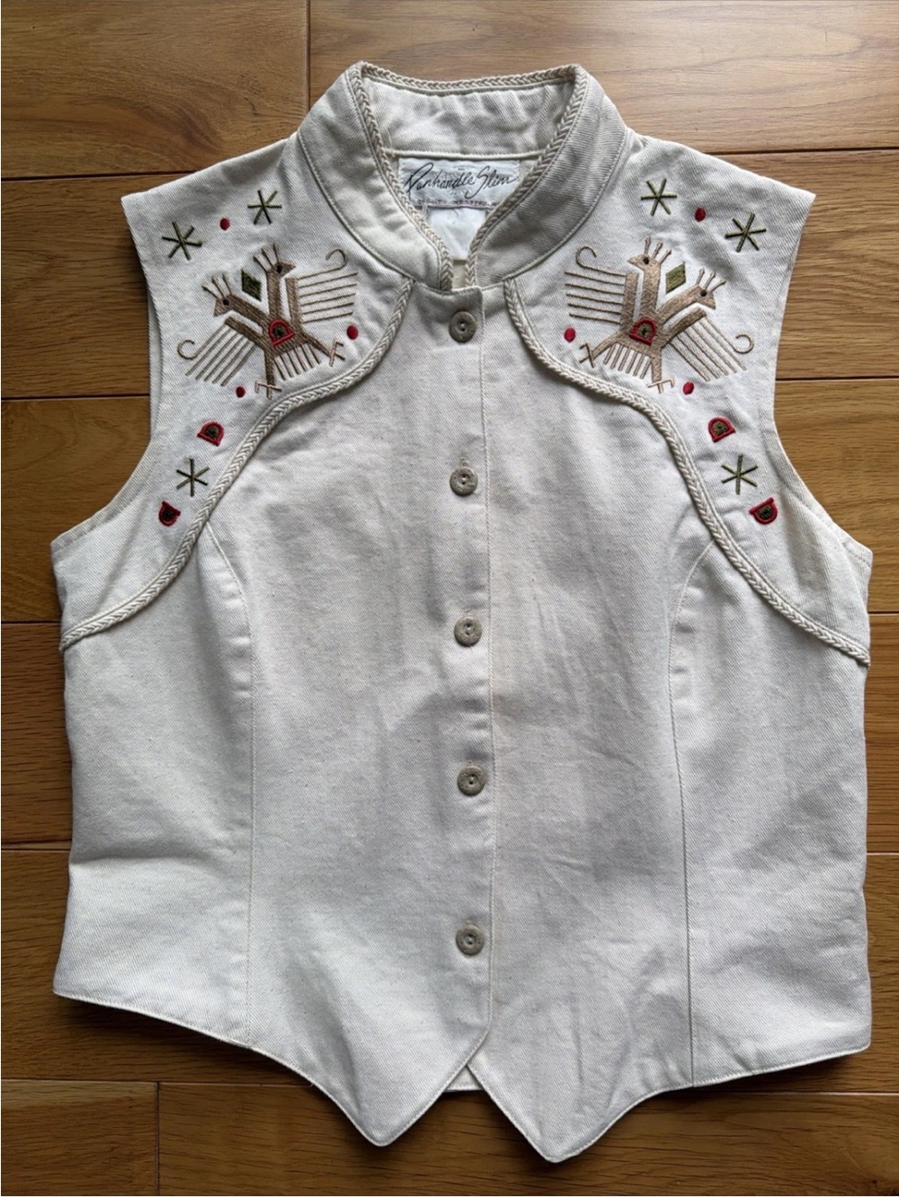 Panhandle Slim Ivory Cotton Twill Vest Southwest-Style Embroidery Tailored VTG